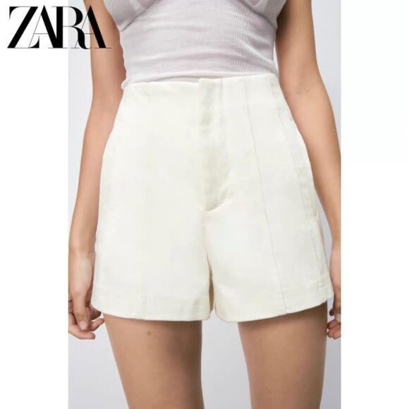 ZARA 100% Cotton Denim High Waist Shorts with Topstitching Fits Medium - Picture 1 of 8